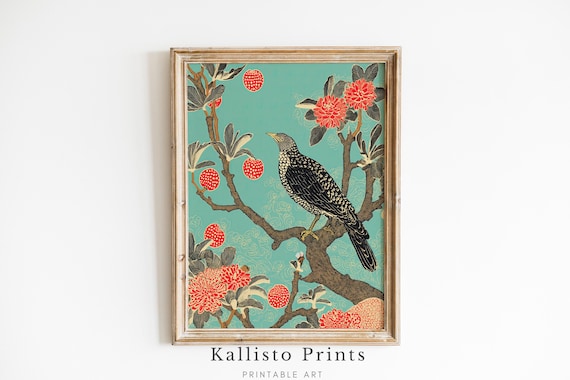 Speckled Songbird Flowering Branch Teal Vintage Botanical Bird Print