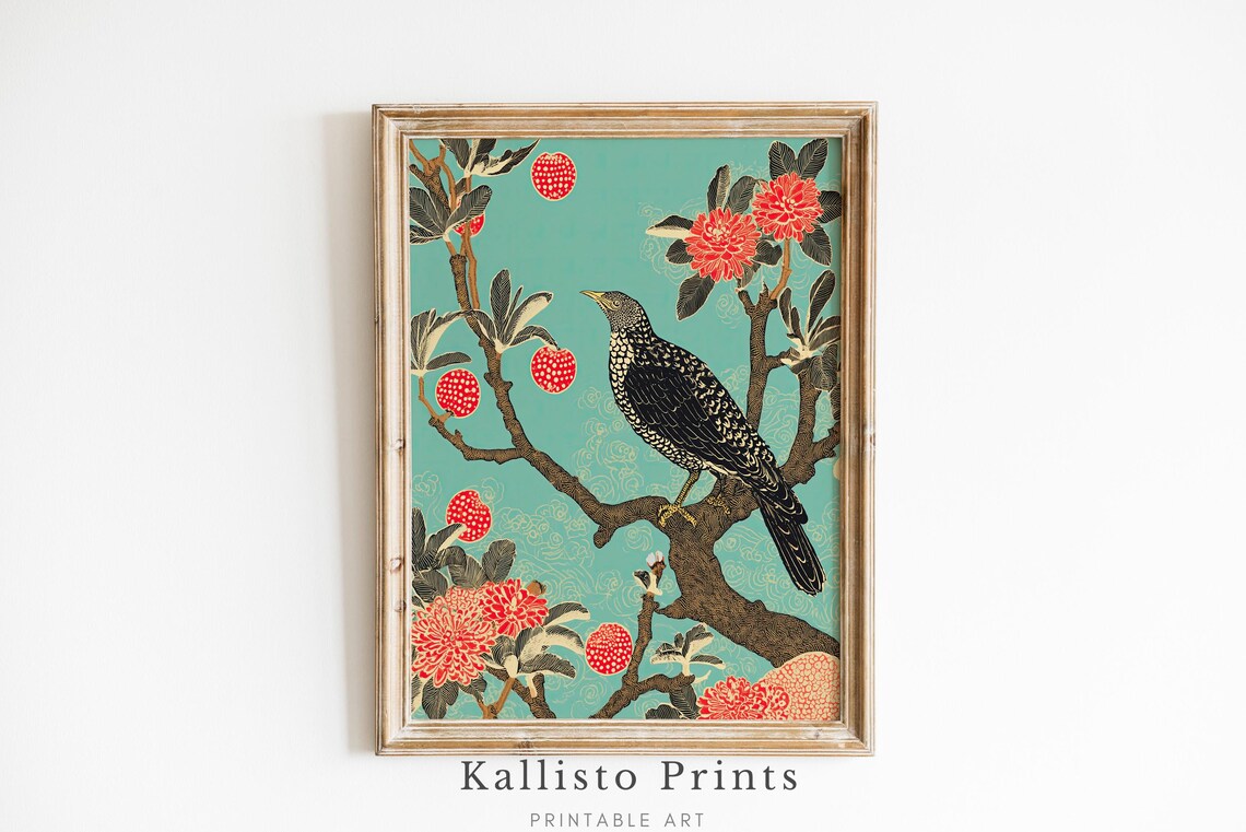 Speckled Songbird Flowering Branch Teal Vintage Botanical Bird Print