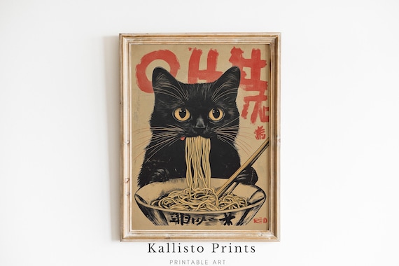Black Cat Slurping Noodles Red Calligraphy Japanese Kitchen Wall Art