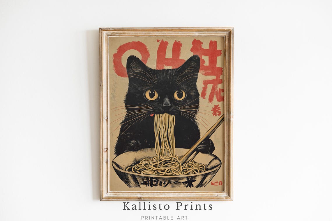 Black Cat Slurping Noodles Red Calligraphy Japanese Kitchen Wall Art