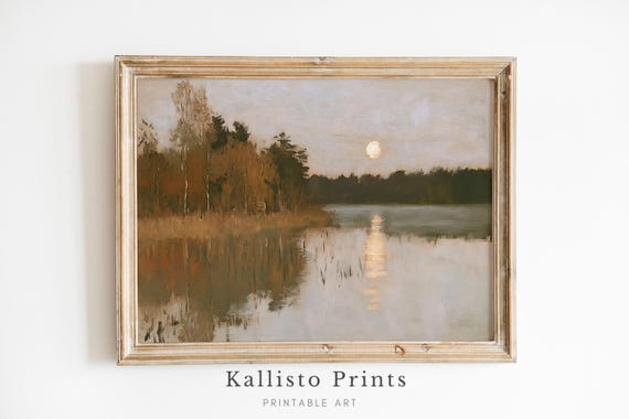 Artful Landscape Wall Decore Moonlit Lake Evening Vintage Print Tranquil Nature Art Rustic Farmhouse Decor803