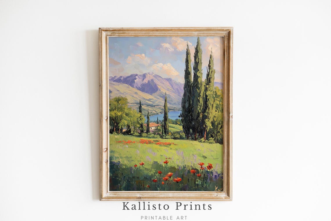 Tuscan Cypress Trees Villa Lake Mountains Red Poppy Meadow Wall Art