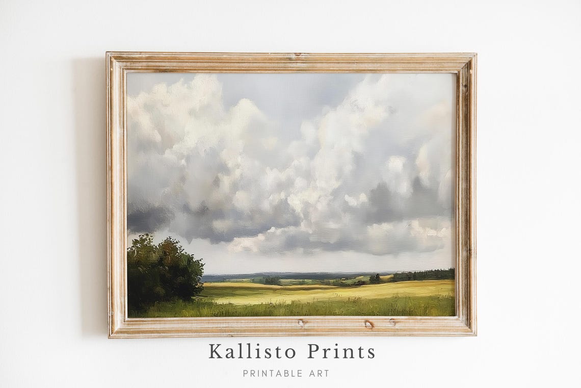 Dramatic Cloud Sky Moody Green Field Calm Landscape Art Poster