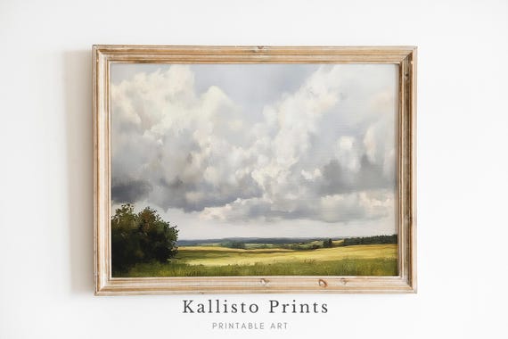 Moody Cloudy Sky Landscape Print Countryside Wall Art Minimalist Nature Painting Stormy 1130