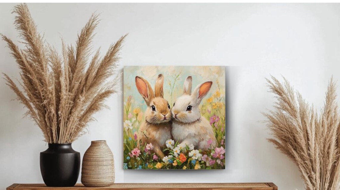 Two Bunnies Nose To Nose Spring Wildflower Meadow Oil Painting Poster - Image 2