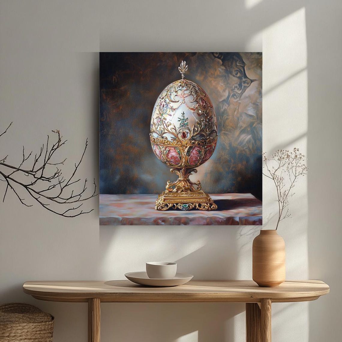 Ornate Jeweled Faberge Style Easter Egg Golden Stand Still Life Poster
