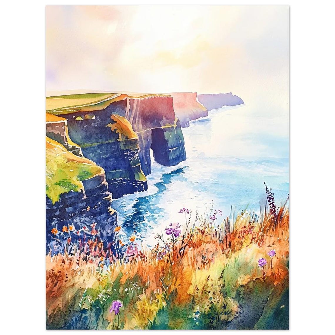 Cliffs Of Moher Coastal Wildflowers Ireland Watercolor Poster