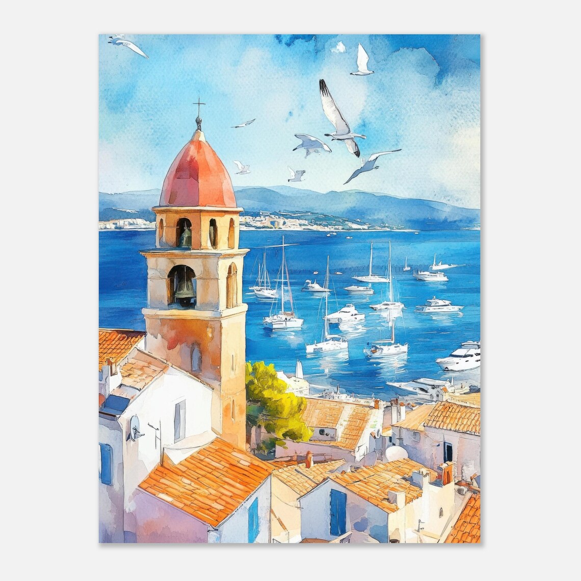 Saint Tropez Bell Tower Harbor Watercolor Seagulls Art Photo Poster - Image 3