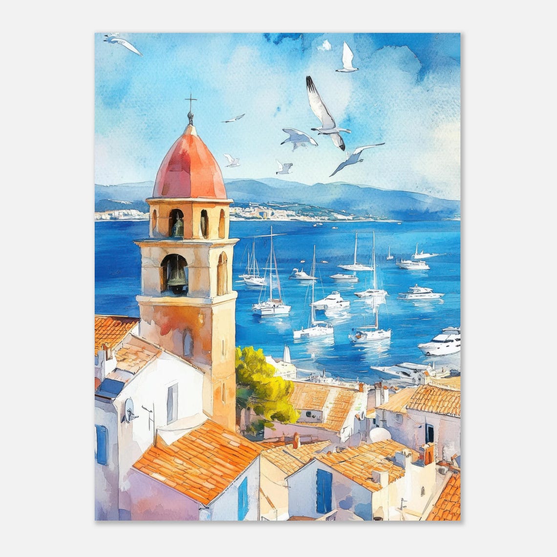 Saint Tropez Wall Art Print Bell Tower Watercolor Painting French Riviera Cte Dazur Wall Art France Travel Poster By - Image 3