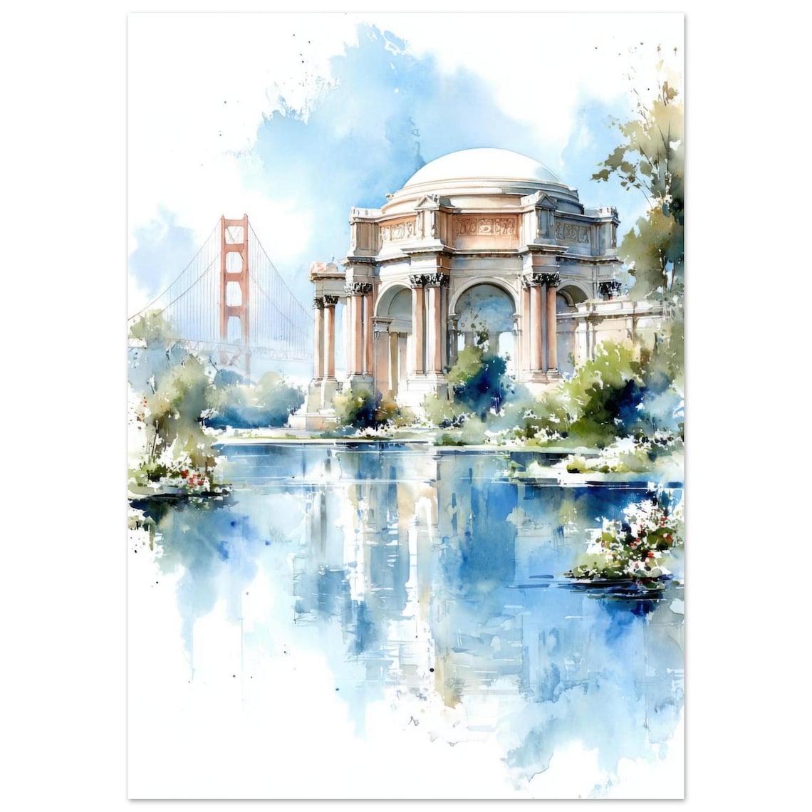 Palace Of Fine Arts San Francisco Watercolor With Golden Gate Poster