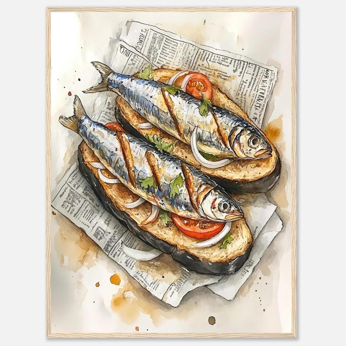 Grilled Sardine Open Sandwich Watercolor Food Kitchen Art Poster