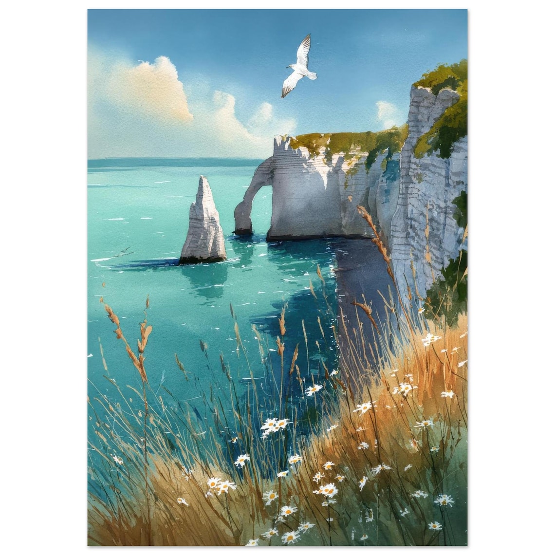 Étretat Cliffs Normandy France Coastal Watercolor Artwork Poster