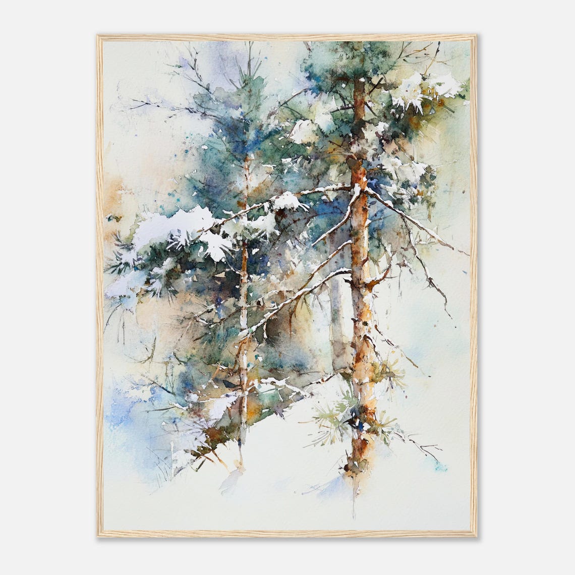 Snowy Pine Trees Watercolor Winter Forest Painting Art Poster