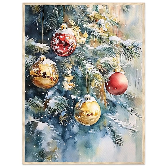 Christmas Tree Gold Red Baubles Snowy Watercolor Holiday Poster