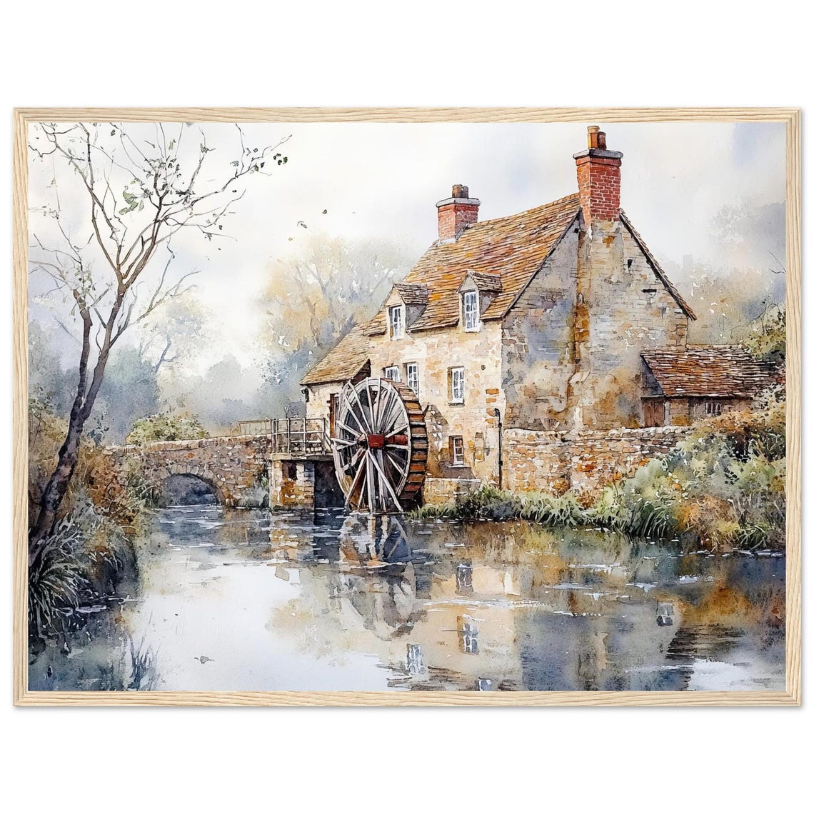 Cotswolds Rustic Stone Watermill River Reflection Watercolor Poster