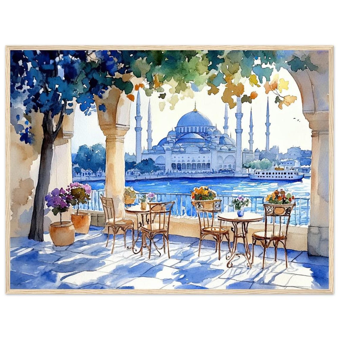 Istanbul Blue Mosque Terrace Cafe Watercolor Bosphorus Turkey Poster