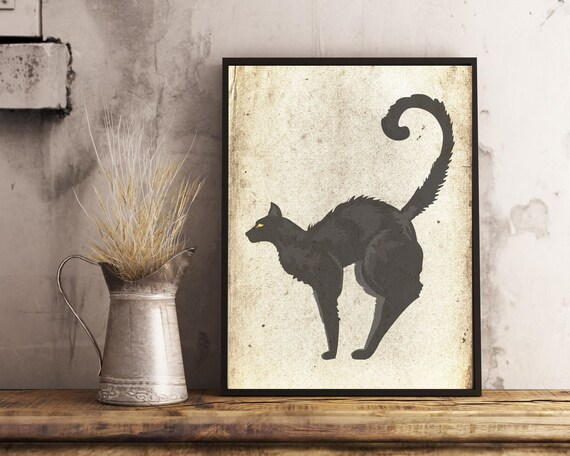 Black Cat Silhouette Arched Back Yellow Eyes Vintage Halloween Art Poster