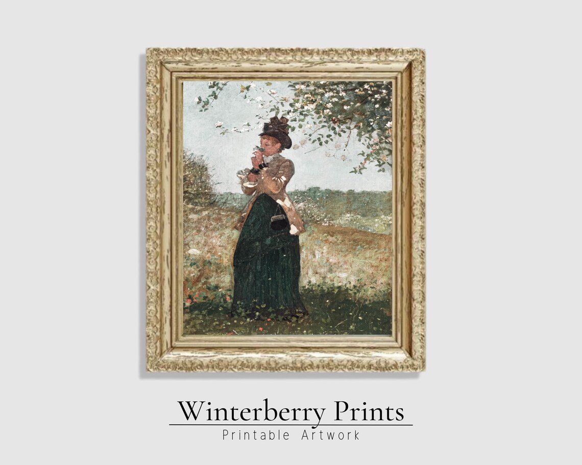Vintage Woman Portrait Blossoming Branches Meadow Oil Painting Antique Poster - Image 3