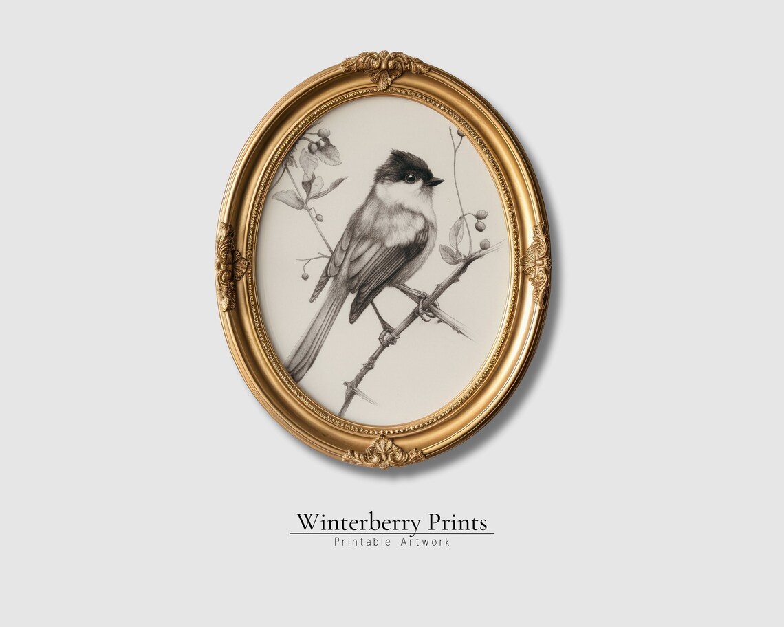 Vintage Chickadee Bird Pencil Sketch Berry Branch Spring Songbird Print