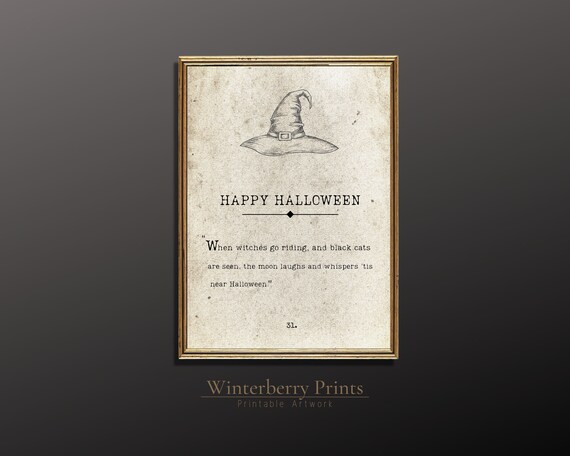 Happy Halloween Vintage Book Page Witch Hat Quote Farmhouse Decor Art Poster