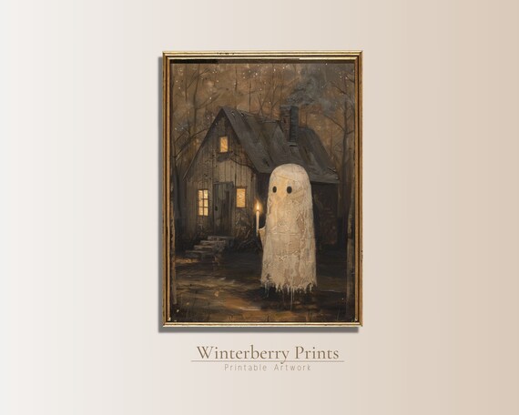 Cute Ghost with Candle Before Haunted Cabin Night Halloween Painting Art Poster