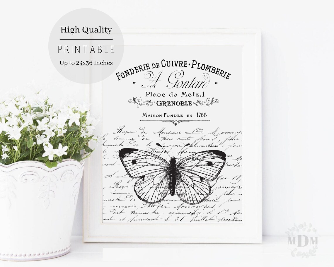 Black White Butterfly French Script Typography Vintage Grenoble Art Poster - Image 3