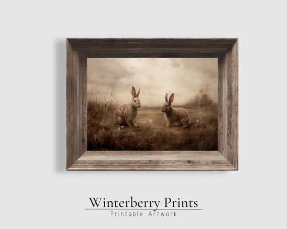 Two Rabbits Vintage Oil Painting Sepia Field Easter Bunny Pair Art Print