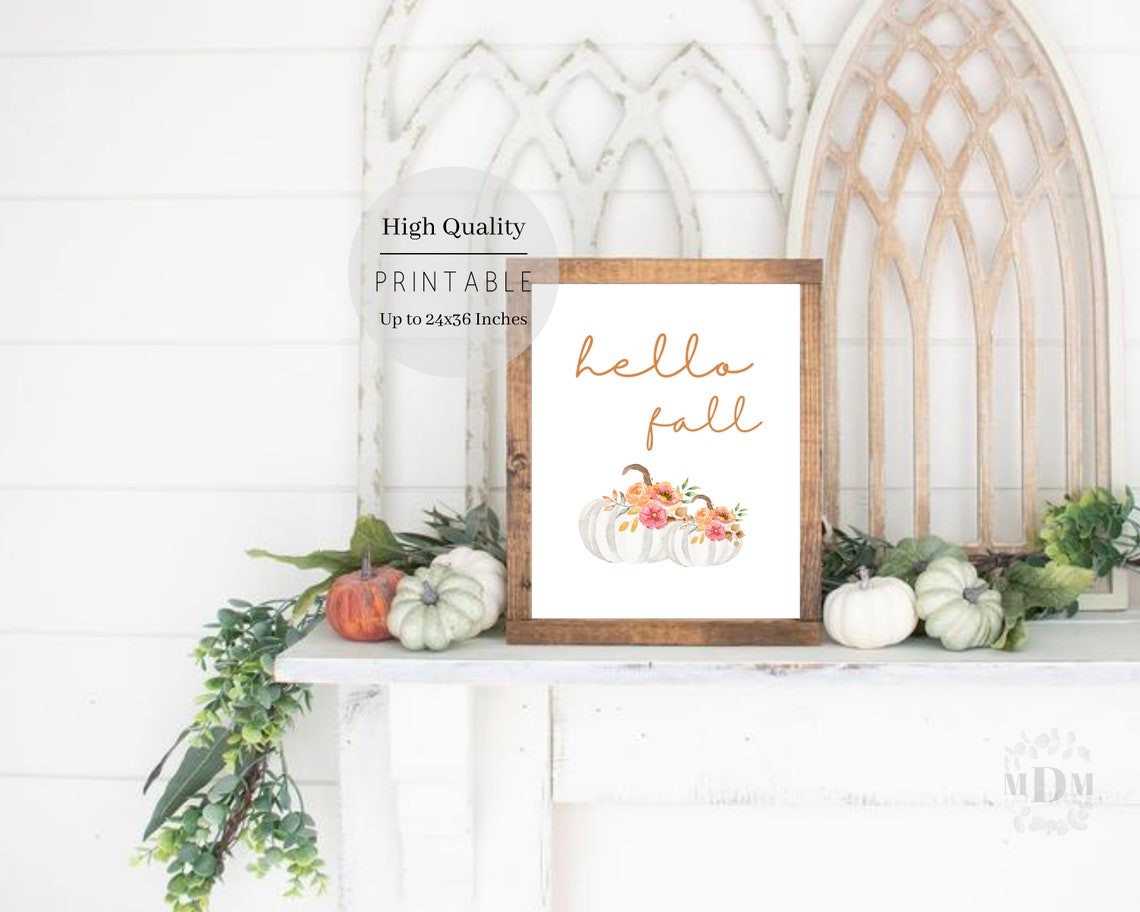 Hello Fall Orange Script White Floral Pumpkin Watercolor Poster - Image 5