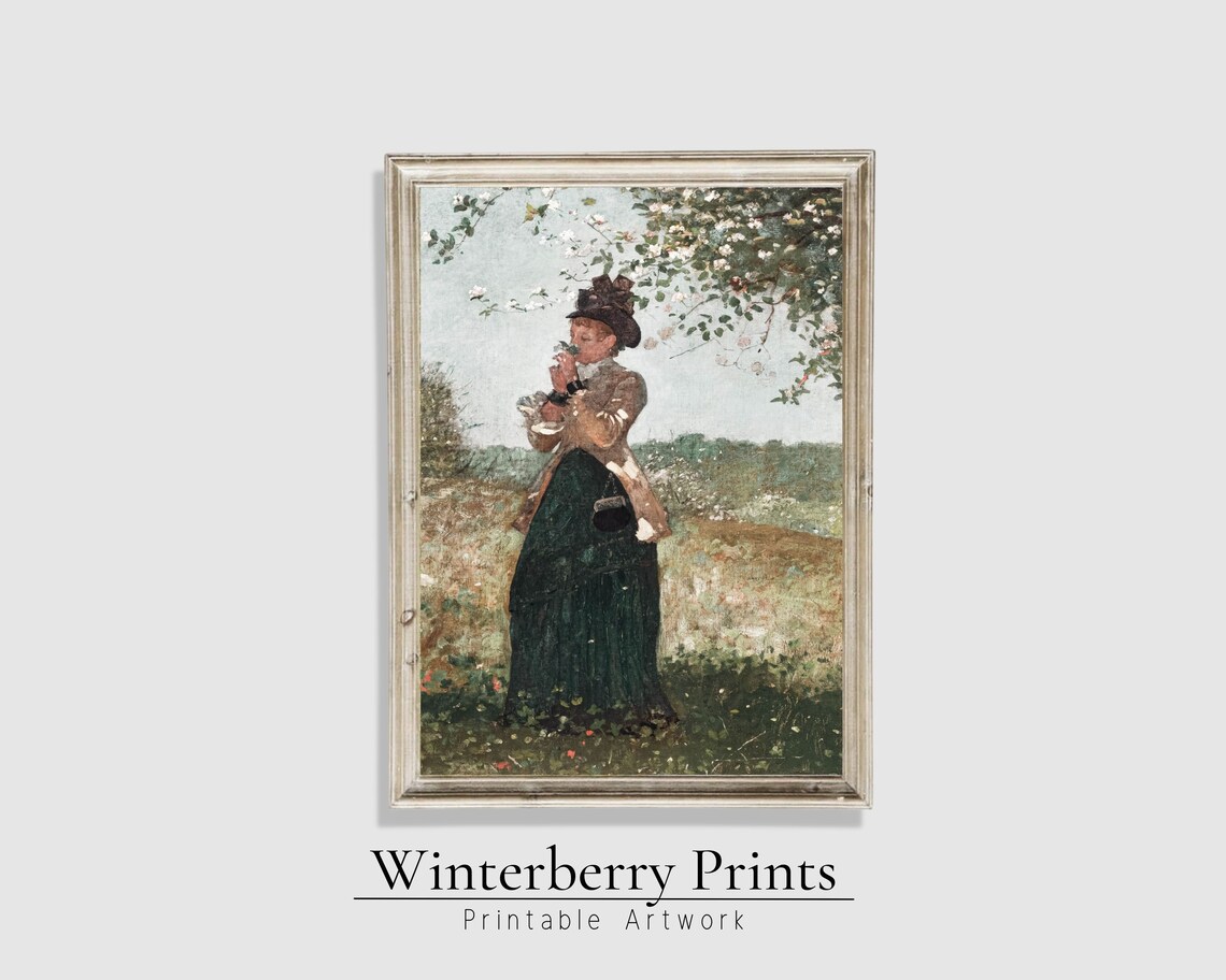 Vintage Woman Portrait Blossoming Branches Meadow Oil Painting Antique Poster - Image 4