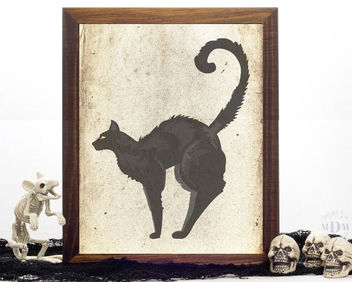 Black Cat Silhouette Arched Back Yellow Eyes Vintage Halloween Art Poster - Image 4