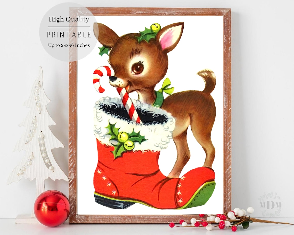 Retro Reindeer Christmas Art Print, Vintage Decor