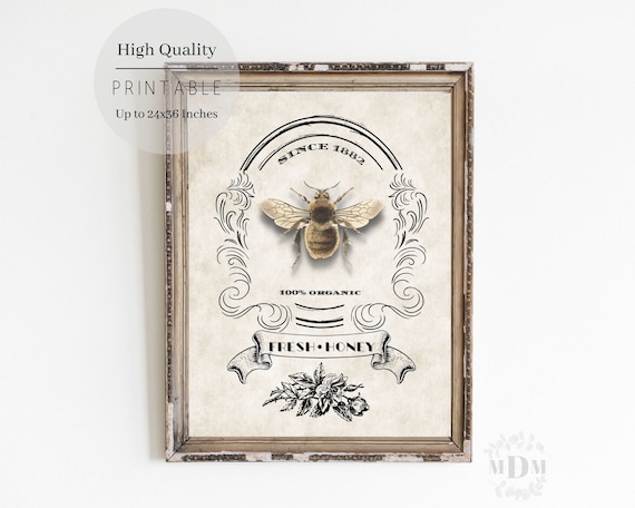 Vintage Fresh Honey Bee Emblem Since 1882 French Farmhouse Wall Art Print