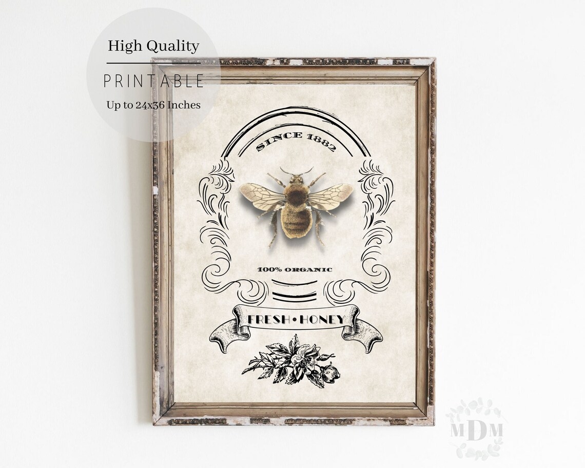 Vintage Fresh Honey Bee Emblem Since 1882 French Farmhouse Wall Art Print