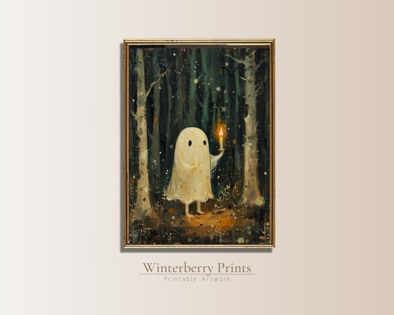 Cute Ghost with Candle Dark Green Forest Magical Halloween Painting Art Print