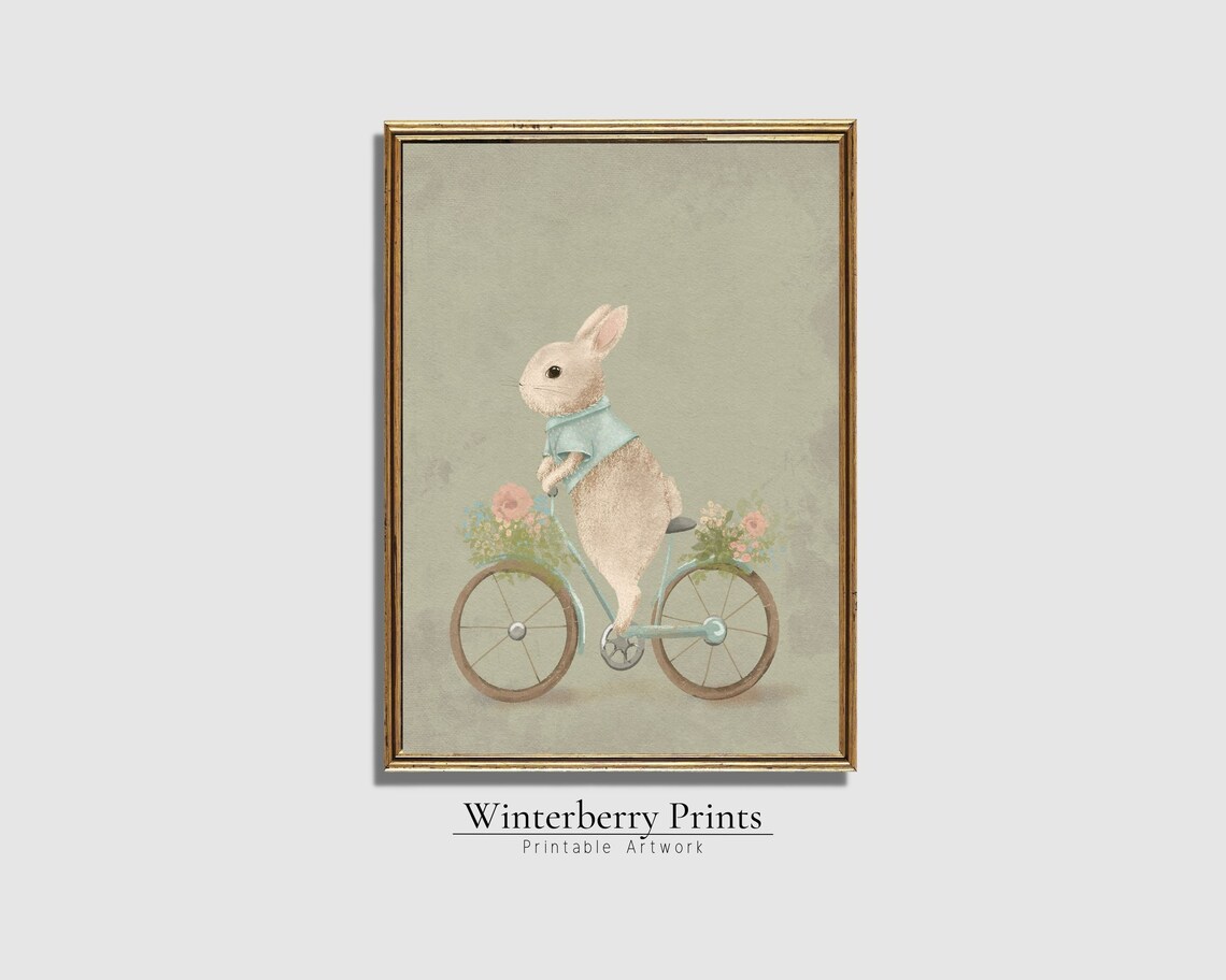 Whimsical Bunny Bicycle Painting Blue Jacket Floral Vintage Easter Art Print