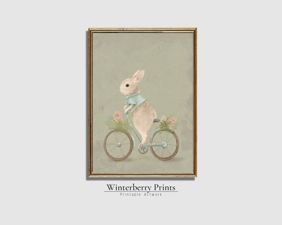 Whimsical Bunny Bicycle Painting Blue Jacket Floral Vintage Easter Art Print