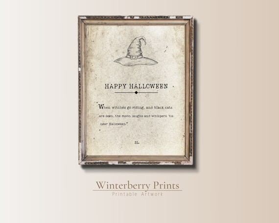 Happy Halloween Vintage Book Page Witch Hat Quote Farmhouse Decor Art Print