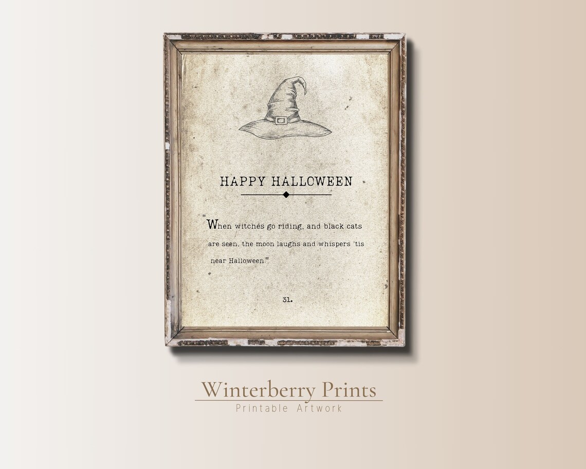 Happy Halloween Vintage Book Page Witch Hat Quote Farmhouse Decor Art Print