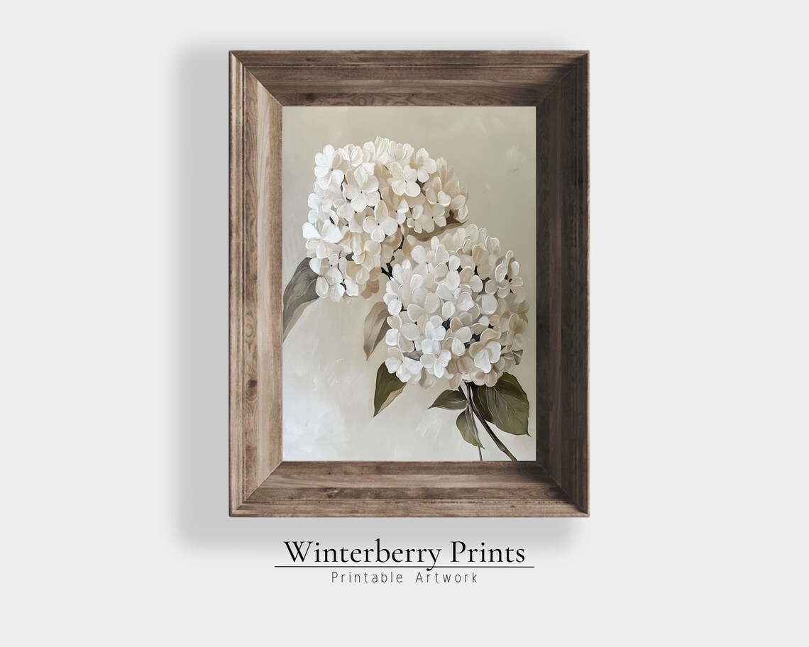 White Hydrangea Blossoms Botanical Oil Painting Neutral Floral Wall Art Print