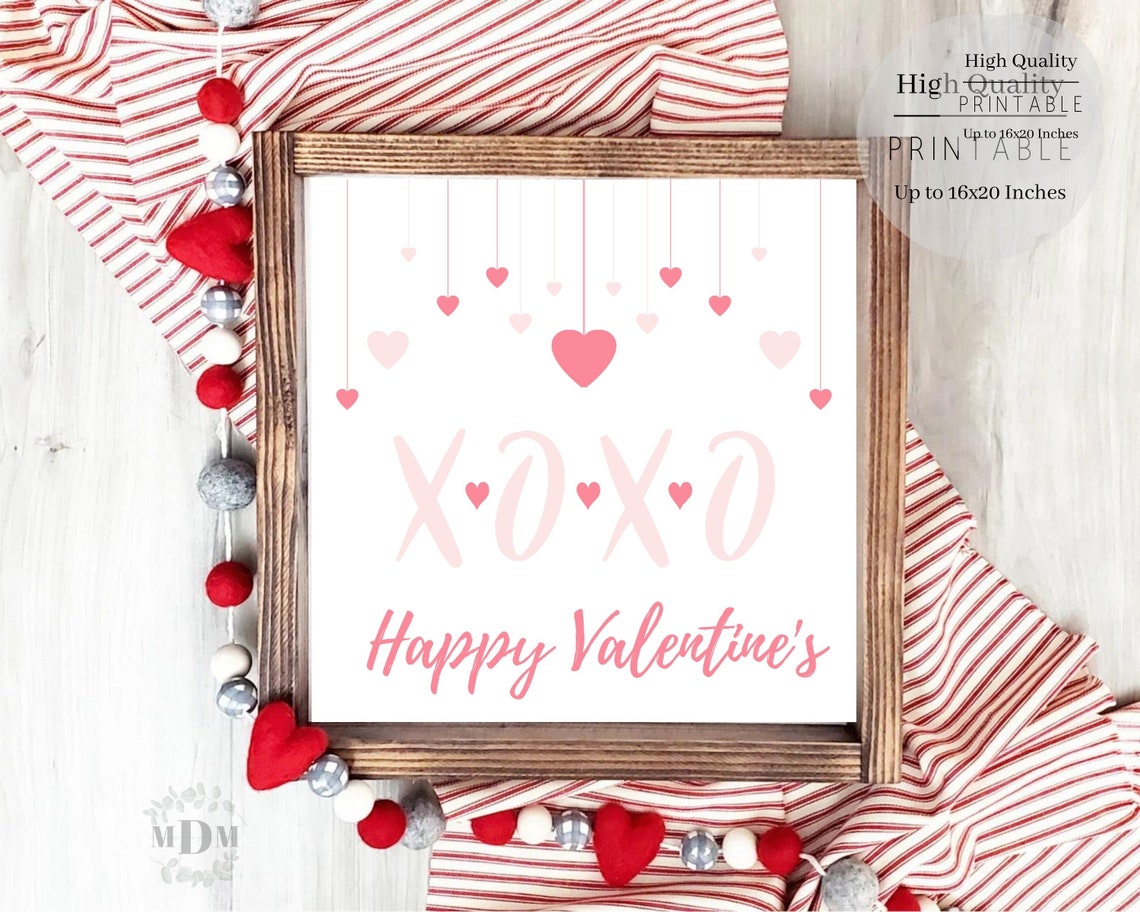 Happy Valentines XOXO Pink Script Hanging Hearts Sweet Greeting Poster - Image 2