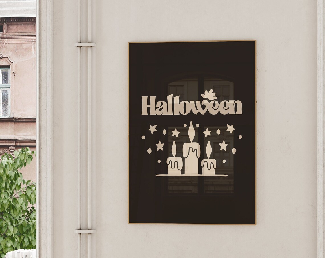 Halloween Retro Text with Candles Stars Black Cream Spooky Poster
