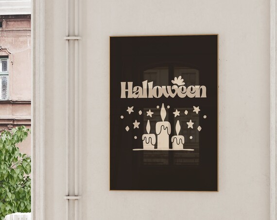 Halloween Retro Text with Candles Stars Black Cream Spooky Poster