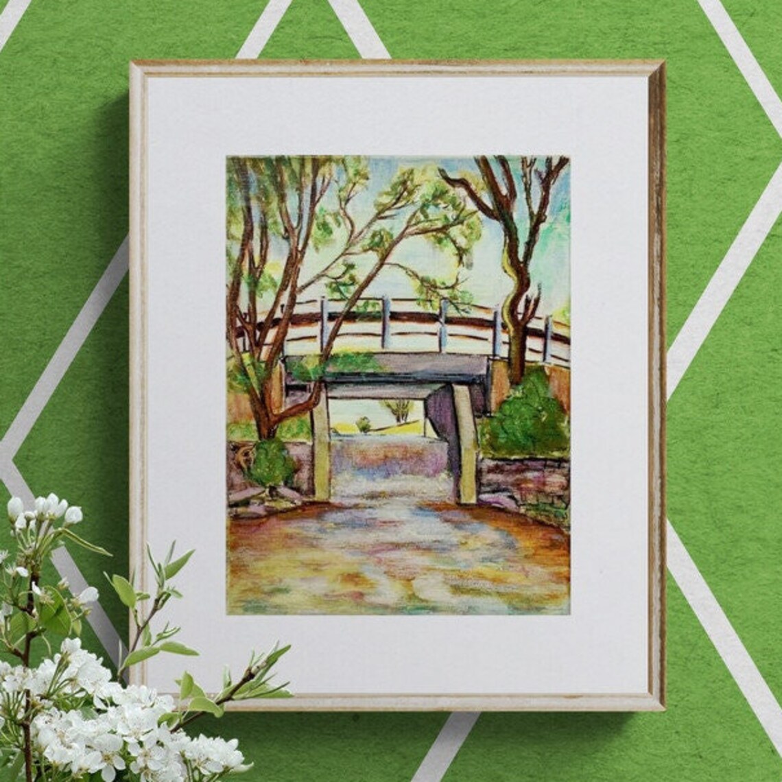 Small Bridge Over Quiet Stream Pastel Countryside Painting Poster
