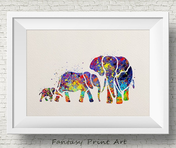 Elephant Family Mom Dad and Baby Colorful Watercolor Splash Animal Poster