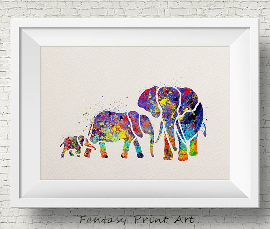 Elephant Family Mom Dad and Baby Colorful Watercolor Splash Animal Poster