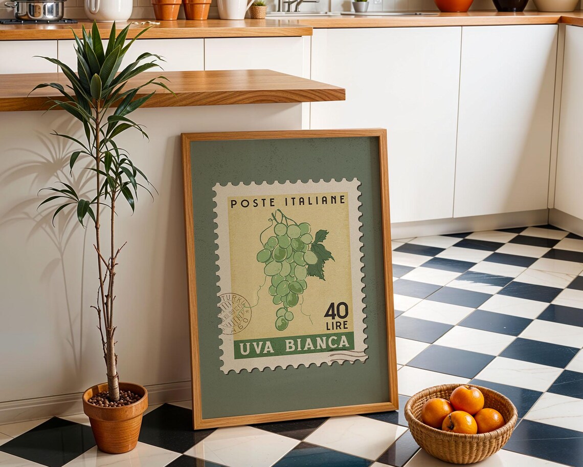 Uva Bianca Italian Postage Stamp Print Green Grapes 40 Lire Kitchen Art