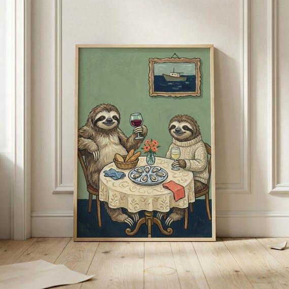 Fancy Sloth Dinner Poster Funny Animal Wall Art Print Whimsical Wine Dining Room Cute Decor