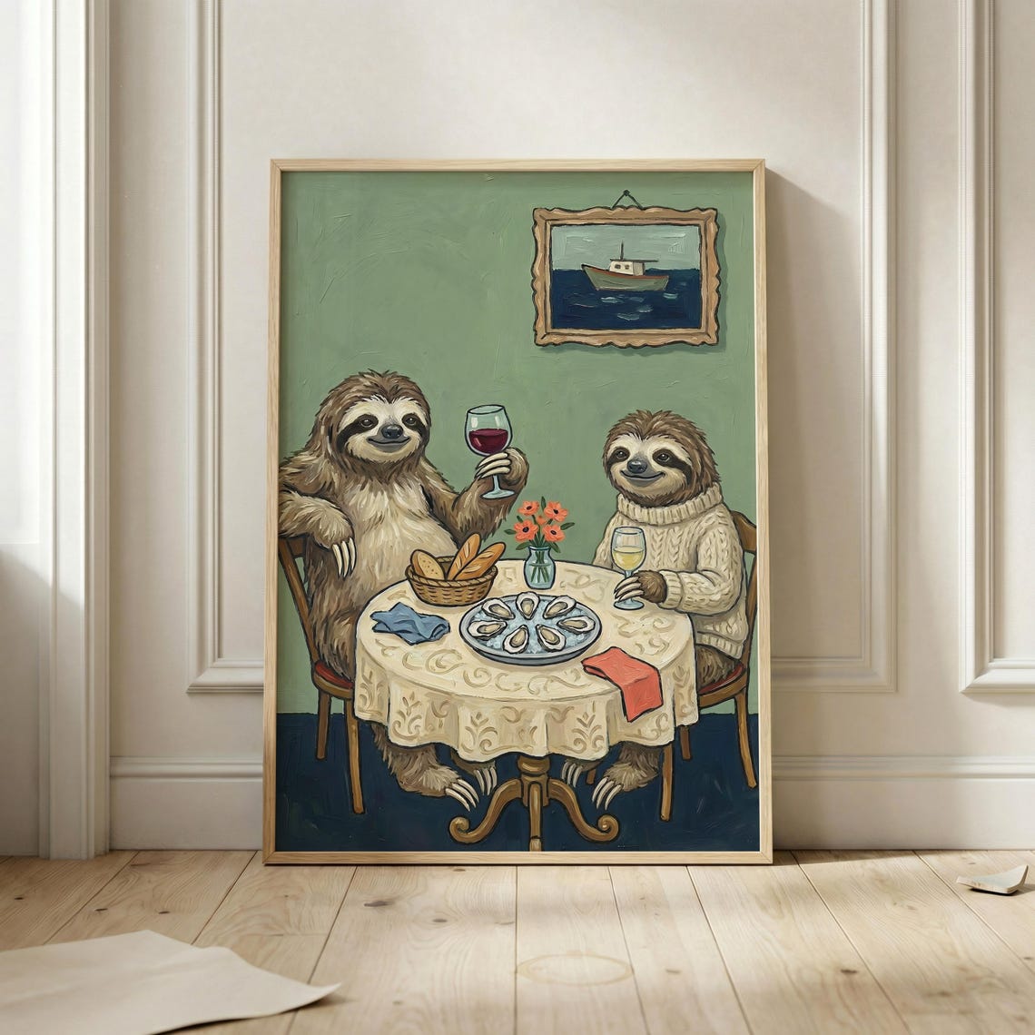 Two Sloths Sharing Wine And Oysters Dinner Funny Animal Art Poster