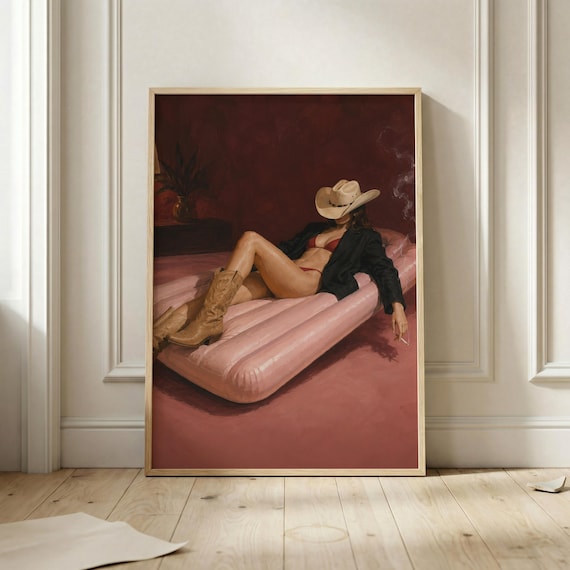 Cowgirl Bikini Pink Pool Float Western Pin-Up Girl Art Poster