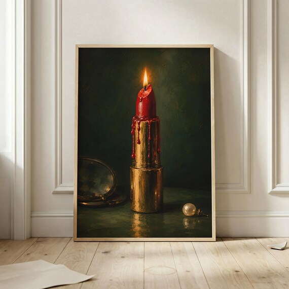 Lipstick Candle Wall Art Print Fashion Vanity Poster Dark Academia Decor Makeup Lover Gift Surreal Beauty Artwork